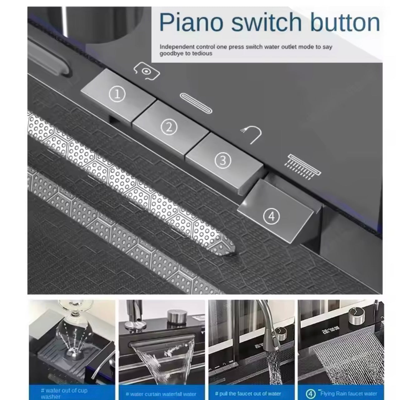 304 Stainless Steel Waterfall Kitchen Sink Large Single Slot Integrated Digital Display Faucet Set Soap Dispenser Cup Washer