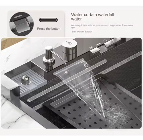 304 Stainless Steel Waterfall Kitchen Sink Large Single Slot Integrated Digital Display Faucet Set Soap Dispenser Cup Washer