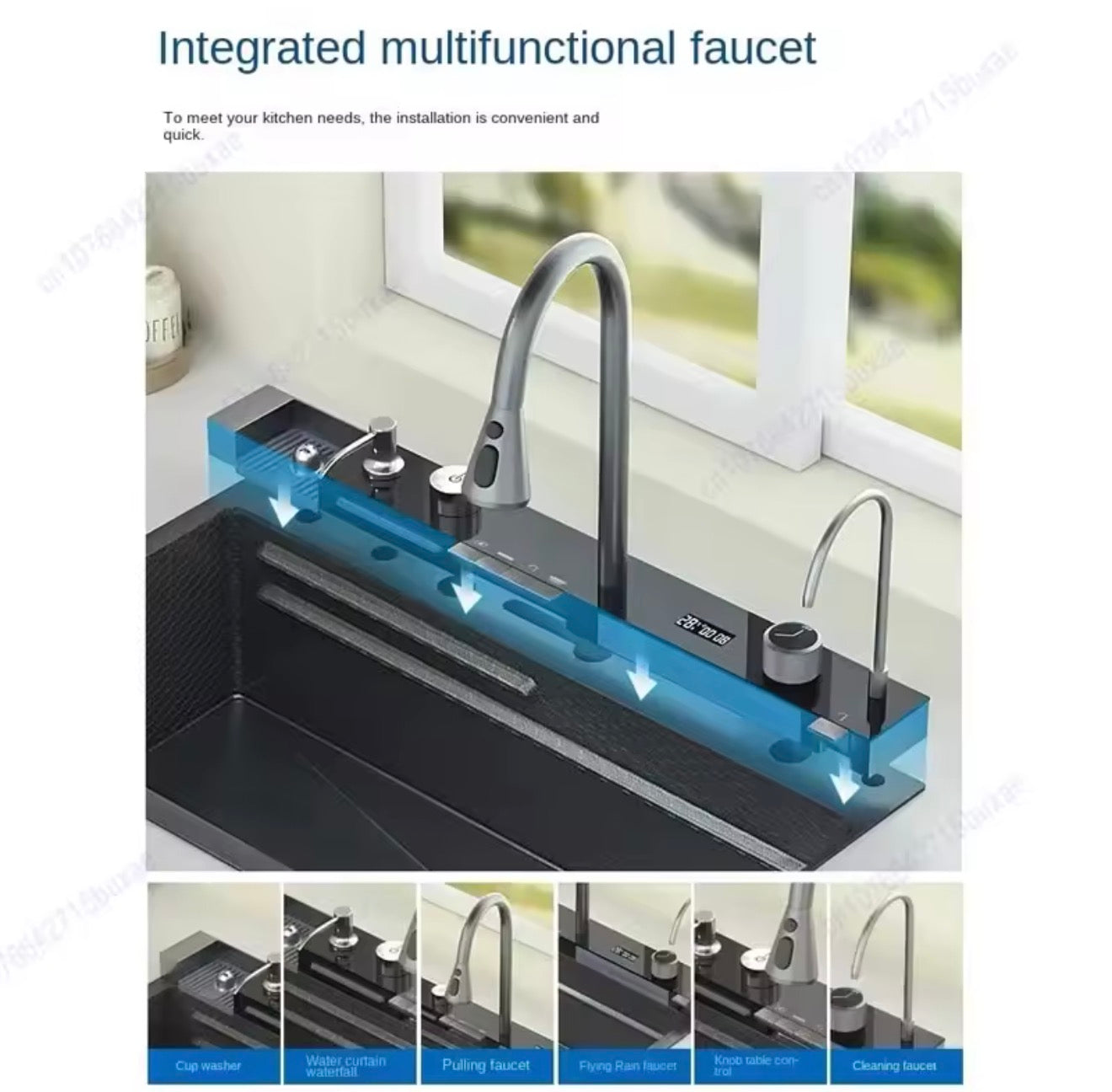 304 Stainless Steel Waterfall Kitchen Sink Large Single Slot Integrated Digital Display Faucet Set Soap Dispenser Cup Washer