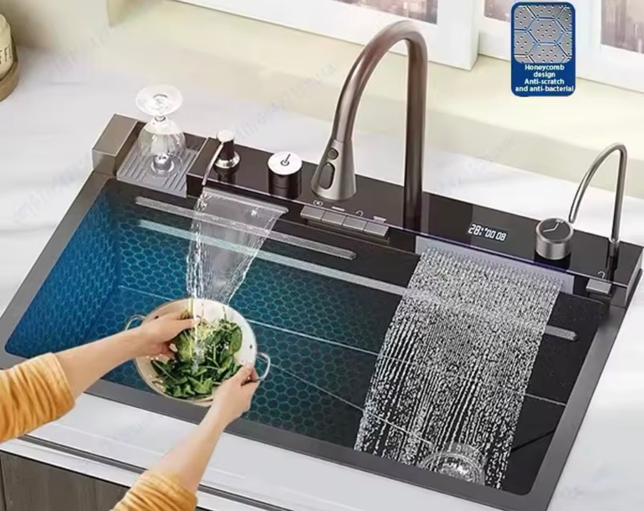 304 Stainless Steel Waterfall Kitchen Sink Large Single Slot Integrated Digital Display Faucet Set Soap Dispenser Cup Washer