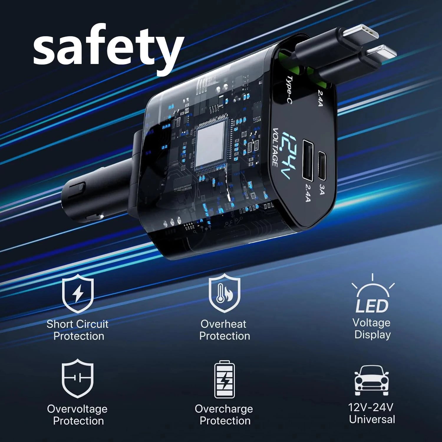 W&O 4-in-1 Vehicle Charger, 120 Watt Fast Charging, Retractable Cable, 2 USB Ports, Compatible with All Vehicles iOS & TYPE-C